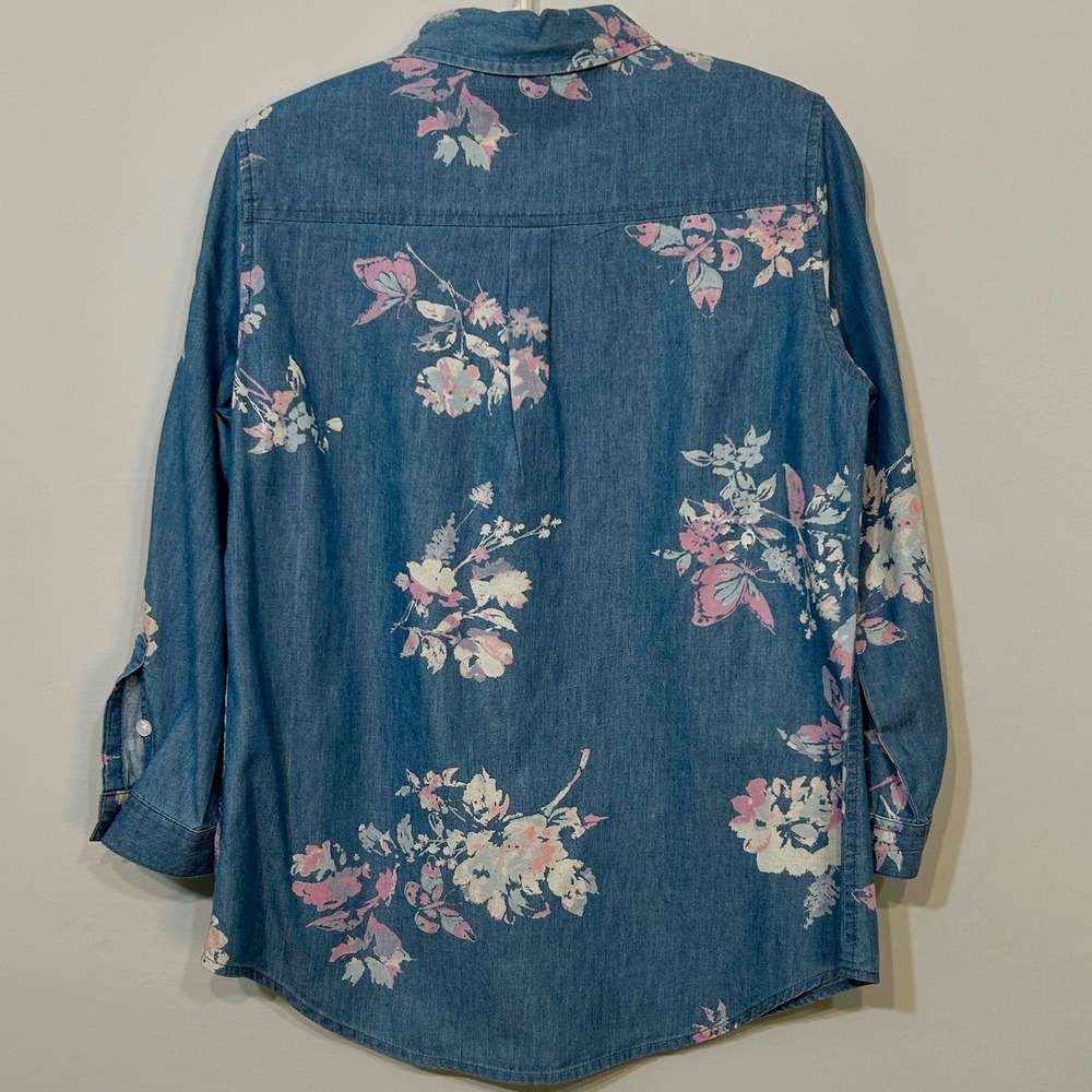 Croft & Barrow Floral Chambray Shirt Women PXS Blue Pink Butterfly Excellent